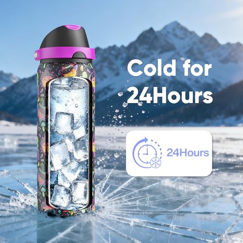 Insulated Water Bottle with Straw - Encool Stainless Steel Water Bottle with Push Button Lid, Leak-Proof & BPA-Free, Keeps...