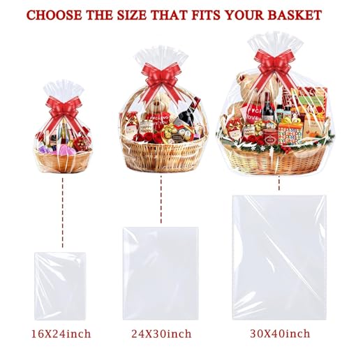PigPotParty 24x30 Inch Large Cellophane Bags for Gift Baskets with Red Ribbon Bows, 10 Pack Clear Plastic Basket Wrap with...