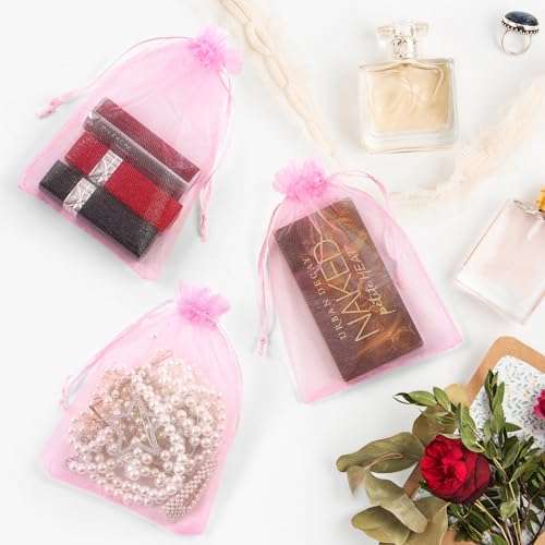ANZNKU Pink Organza Bags 4 x 6 in 50PCS, Small Gift Bags for Goodie Candy Jewelry Soap Packaging, Cute Little Mesh Bag Dra...