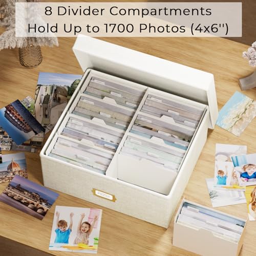 Decorative Photo Storage Box - Linen Photo Box Organizer with Dividers, Fits Holds Up to 1700 Pictures and 4x6 Photos, Mem...