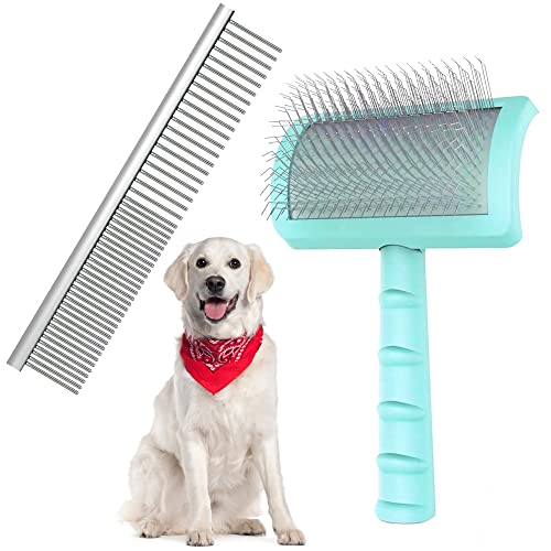Neathoiho Large Slicker Brush & Green-comb Value Kit, Extra Long Pin Dog Grooming Brush for Curly Hair Goldendoodles, Remo...