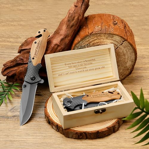 IUZOE First Anniversary Keepsake Idea for Him – Personalized Engraved Pocket Knife with Wooden Gift Box – 1 Year Wedding G...
