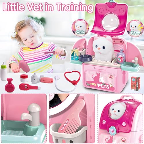 Pet Cat Carrier Backpack Toy, MAGIC4U 23PCS Pet Care Play Set,Vet Clinic and Doctor Kit for Kids, Veterinarian Pretend Pla...