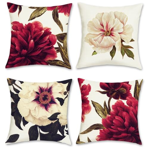 Bonhause Peony Floral Throw Pillow Covers 18x18 Inch Burgundy Red Flower Outdoor Decorative Pillow Cases Polyester Linen C...