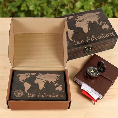 Engraved Adventure Memory Box – Wooden Keepsake Box for Travel Memories, Camping, Couples and Valentine’s Day, Rustic Stor...