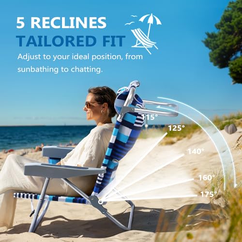 5-Position Aluminum Lay Flat Backpack Beach Chair 2 Pack, Compact Portable Low Beach Chairs for Adults, Beach Chair with C...