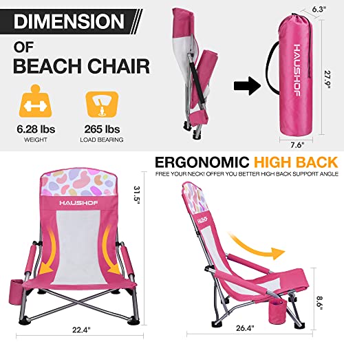 HAUSHOF 2-Pack High Back Beach Chairs, Mesh Back Folding Chair, Lightweight Low Seat Camping Chairs with Cup Holder, Carry...