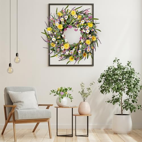 Sggvecsy Daisy and Lavender Wreath 24’’ Wildflower Wreath Spring and Summer Artificial Spring Silk Summer for Front Door H...