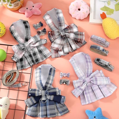 Yearntown 4 Pcs Plaid Dog Dress with Pearls Bow Tie Harness Leash Cute Puppy Dress for Small Dogs Puppy Clothes for Pet Ch...