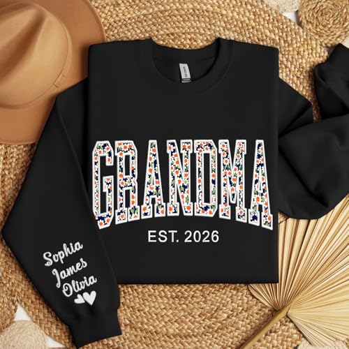 NAZENTI Personalized Floral Applique Embroidery Mama Sweatshirt, Custom Grandma Sweatshirt, Mama Gifts Christmas Mother's Day