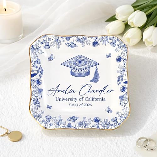 HHLYN14 Personalized Graduation Jewelry Dish 2026, Custom Name Ring Dish, Floral Trinket Plate, Class of 2026 Gift for Dau...