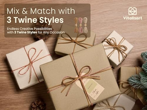 Vitalizart Textured Wrapping Paper Set 17" Roll Twine Ribbons & Tags Extra Thick All-in-One Neutral Beige Kraft Christmas ...