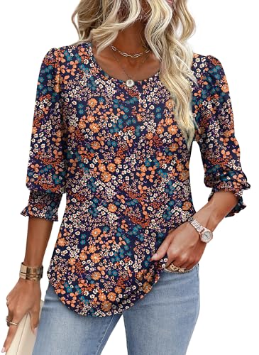 XIEERDUO Blouses for Women Dressy Casual 3/4 Length Sleeve Womens Tops with Smocked Cuffs