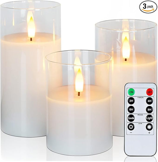 Amagic Clear Glass Flameless Candles Battery Operated with Timer, Remote Control, LED Pillar Candles, Battery Powered, Val...