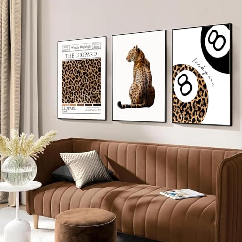Trendy Leopard Wall Art Set of 3 Funky Lucky 8 Ball Posters Prints Preppy Room Aesthetic Cheetah Wall Decor Pictures for G...