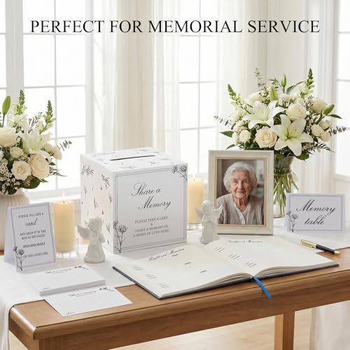 Funeral Guest Book Set with Wooden Keepsake Box – Includes 50 Blank Memory Cards, Memory Table Card, Instruction Card, Car...