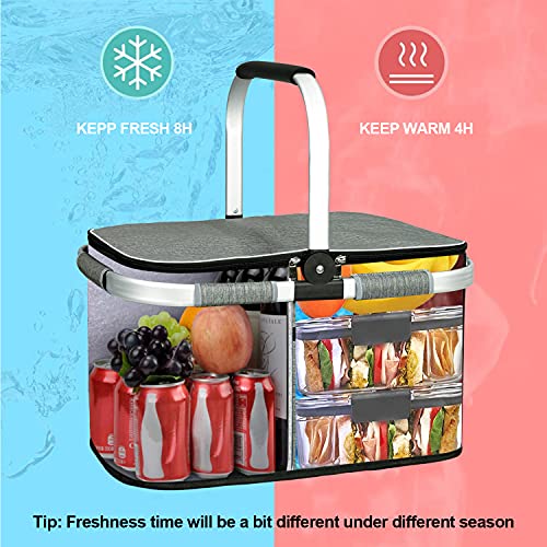 LIQING 35L Large Picnic Basket 2 Layers of Internal Pockets Leak-Proof and Insulated ，Folding with Internal Support for en...