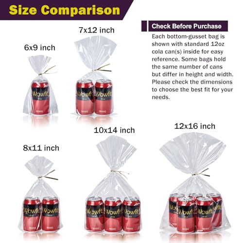 Wowfit 50 CT 10x14 inches Clear Bottom Gusset Cellophane Gift Bags with 6" Gold Twist Ties, Cello Packaging for Party Favo...