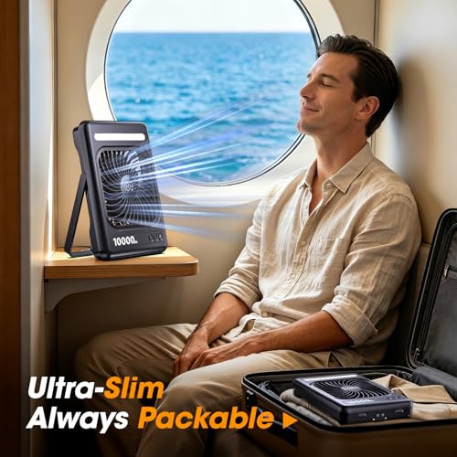10000mAh Portable Travel Fan, 5 Speeds Strong Wind Cruise Fan with LED Lantern, 24H Runtime Cordless Personal USB Fan, 2/...