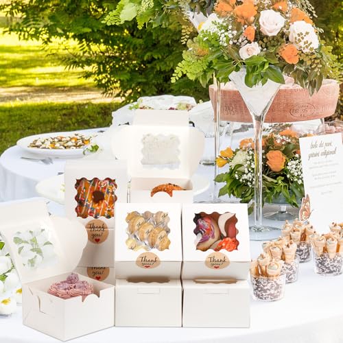 ZYFOTZUN 12 Pcs Cookie Boxes with Window, 6x6x3 Inches White Bakery Boxes, Treat Boxes with 50 Pcs Cookie Bags and 12 Pcs ...