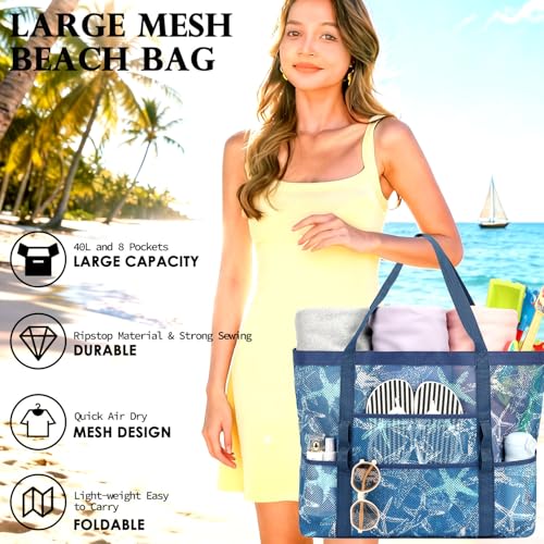 Fammart Mesh Beach Bag for Women, Large Beach Toy Pool Bag with Zipper Pocket, SandProof Cruise Essentials 2026 Family Travel