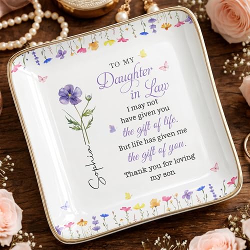 ALMAGEMSUS Personalized Daughter In Law Jewelry Dish, Birth Floral Ceramic Trinket Dish, Ring Holder Tray, Sentimental Gif...