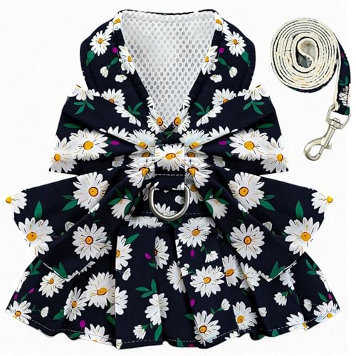 BAEJMJK Dog Dress Bowknot Harness Leash Set for Small Dogs Cats Daisy Floral Girl Dog Dresses Cute Puppy Princess Clothes ...
