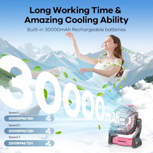 30000mAh Solar Fan with LED Lantern, 10W Solar Panel Rechargeable Battery Powered Camping Fan for Outside, 9 Inch Portable...
