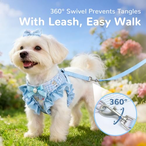ABRRLO Small Dog Harness and Leash Set Soft Breathable Mesh No Pull Puppy Harness with Bowknot Adjustable Cute Blue Dog Ve...