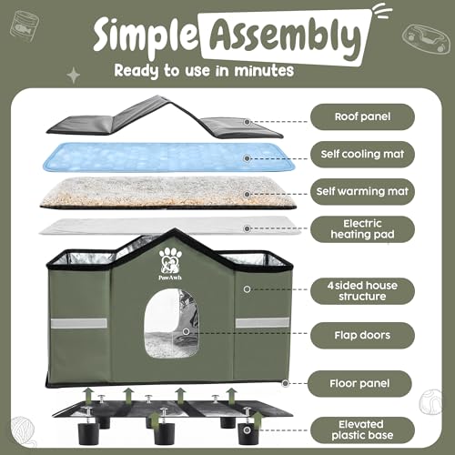 PAWAWH Insulated Heated Outdoor Cat House with Self Warming & Self Cooling Mat – Waterproof Stray & Feral Shelter with Bre...