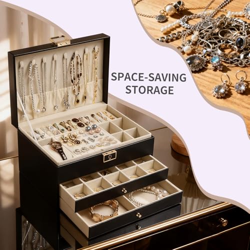 Greenfeather Jewelry Boxes for Women, Jewelry Organizer Box with Lid 3 Layers for Necklaces Rings Earrings and Bracelets B...