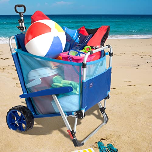 Mac Sports Beach Day Foldable Chaise Lounge Chair with Integrated Wagon Pull Cart Combination and Heavy Wheels - Perfect f...