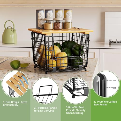 Wire Storage Basket for Kitchen Pantry: GGIU Stackable Kitchen Counter Organizers - Wire Organizing Bin for Produce Vegeta...