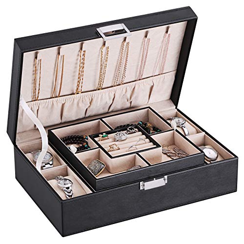 BEWISHOME Mens Jewelry Box, Jewelry Organizer with 4 Watch Case Removable Tray, Jewelry Storage Case for Necklace, Earring...