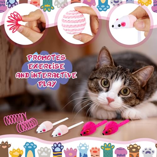 Gemscream 46 Pcs Cat Toys Set Interactive Cute Cat Toys Include Fur Mice Rattle Springs Crinkle Balls Pompom Bell Sisal Ba...