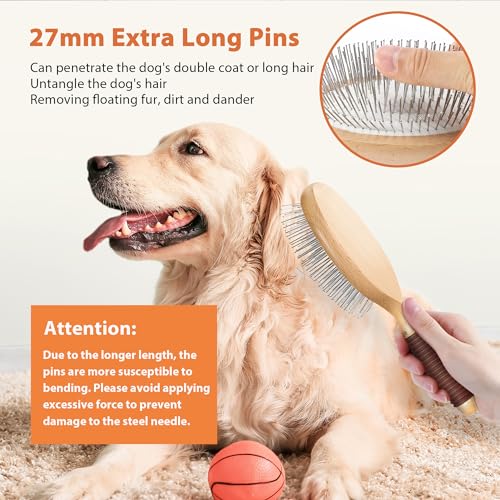 GROOMAGE Dog Brush for Long Haired Dogs, 27mm Extra Long Pin Brush for Grooming, Shedding - Beech Wood Material, Non-Slip ...