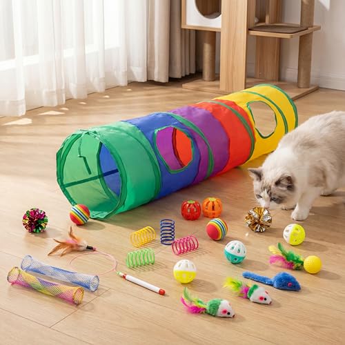 iCAGY 25 Pcs Cat Toys for Cats, Indoor Kittens - Interactive Variety Pack, 45 inches Rainbow Cat Tunnel, Feather Teaser, F...