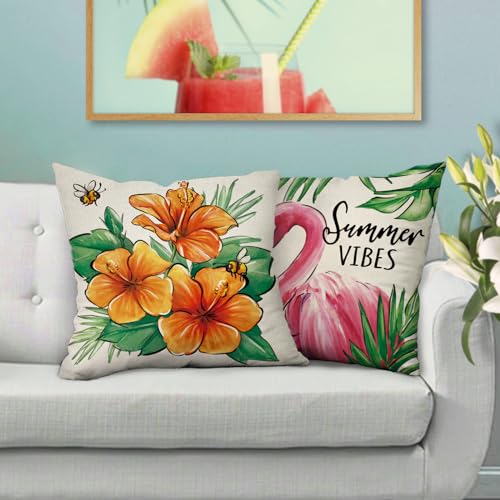 Fjfz Hello Summer Vibes Flamingo Decorative Throw Pillow Covers 16 x 16 Set of 4, Tropical Hibiscus Flower Floral Porch Ou...