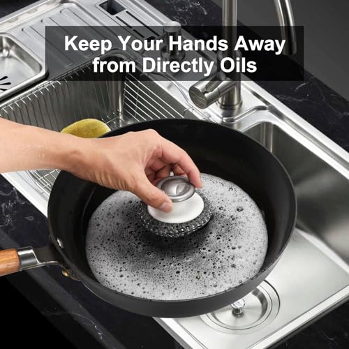 2Pcs Stainless Steel Scrubber with Handle, Steel Wool Scrubber Tool for Cleaning Dishes, Scrubbing Scouring Brush Pad for ...
