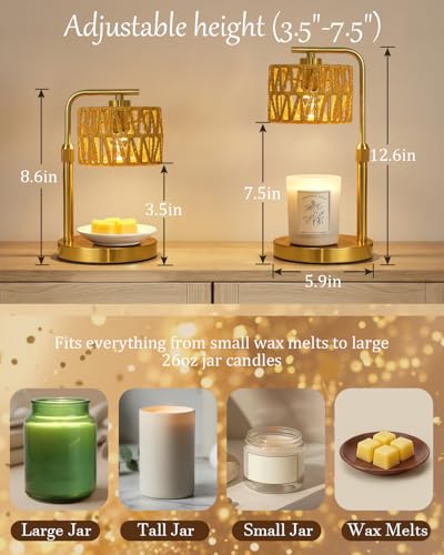 Candle Warmer Lamp with Timer, Dimmable Candle Warmer for Jar Candles, Height Adjustable Candle Lamp Warmer, Boho Rattan L...