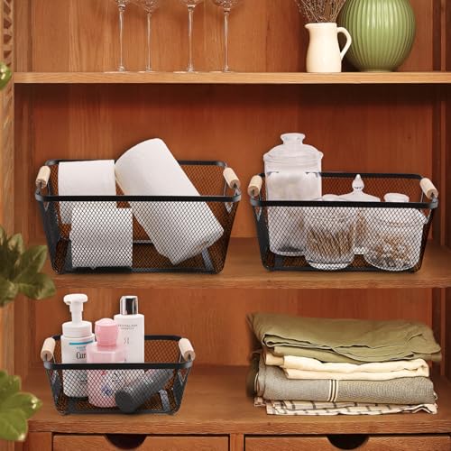 Noamus 3 Pack Metal Mesh Basket with Wooden Handle, Farmhouse Wire Steel Storage Bins, Rectangle Fruit Vegetable Organizer...