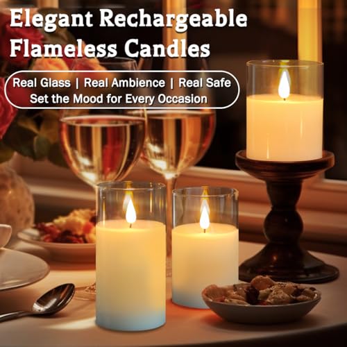 LEDHOLYT Rechargeable Flameless Glass Pillar Candles–Gifts for Women,–Set of 3, Realistic Flickering LED Light,Remote & Ti...