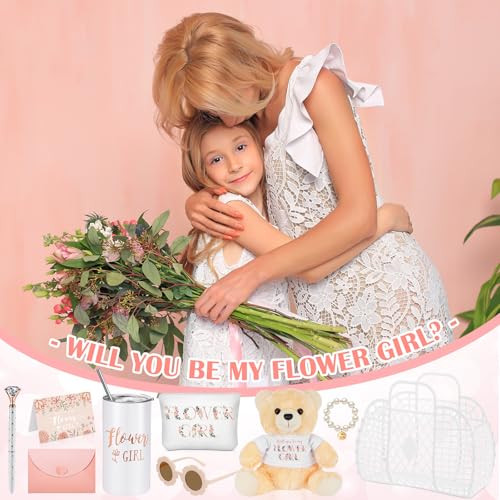 Sieral 18 Pcs Flower Girl Gift Set Jelly Basket Tumbler Bear Sunglasses Canvas Bag Bracelet Card Pen Envelope for Wedding ...