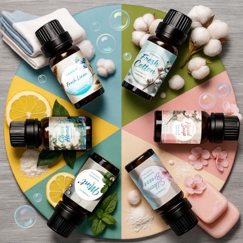 Clean Essential Oils Set 6 x 10ml–Fresh Linen, Mint,Clean Home,Silken Breeze, Fresh Cotton, Floral Soap for Diffuser, Home...