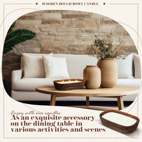 Threlaco 1 Pack 10 Inch Wood Dough Bowl Candles Home Rustic Dough Bowl Soy Candle 3 Wick Scented Candles Gifts for Men Wom...