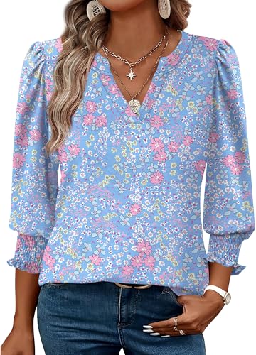 XIEERDUO Blouses for Women Dressy Casual 3/4 Length Sleeve Womens Tops V Neck T Shirts with Smocked Cuffs