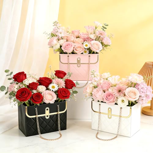 Flower Paper Gift Box 6 Pcs Floral Bouquet Storage Bucket Handbag with Metal Chain Flower Bouquet Purse Box Gift Wrap Bags...