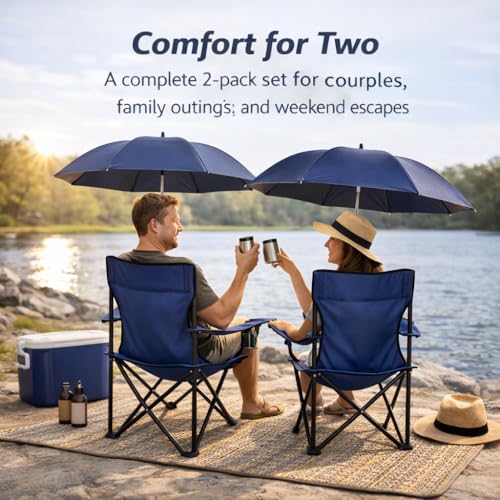 MakeBloom 2 Pack Portable Folding Camping Chairs with Adjustable Umbrella, Outdoor Canopy Chairs with Cup Holder, Lightwei...