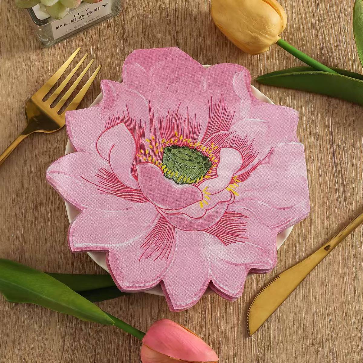 Custom Printed Scalloped Floral Paper Napkins, Unscented Disposable Table Napkins For Home, Hotel & Party