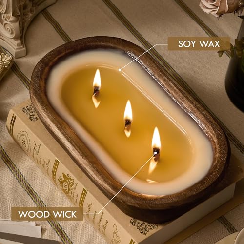 Woodronic 3 Wick Dough Bowl Candle, Vanilla Scented Sachet with White Wooden Bowl, 10 Inch Large Soy Wax Candle for Home D...